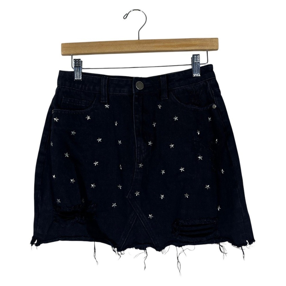 8th of LA Star Studded Distressed Denim Mini Skirt Black Grunge Edgy Size M
